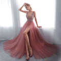 Embroidered Beaded Sexy Deep V-Neck Long Dress Evening Gown