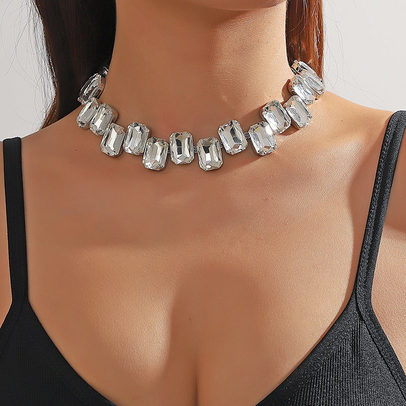European and American style colorful pink full diamond crystal necklace necklace evening dress exaggerated clavicle chain