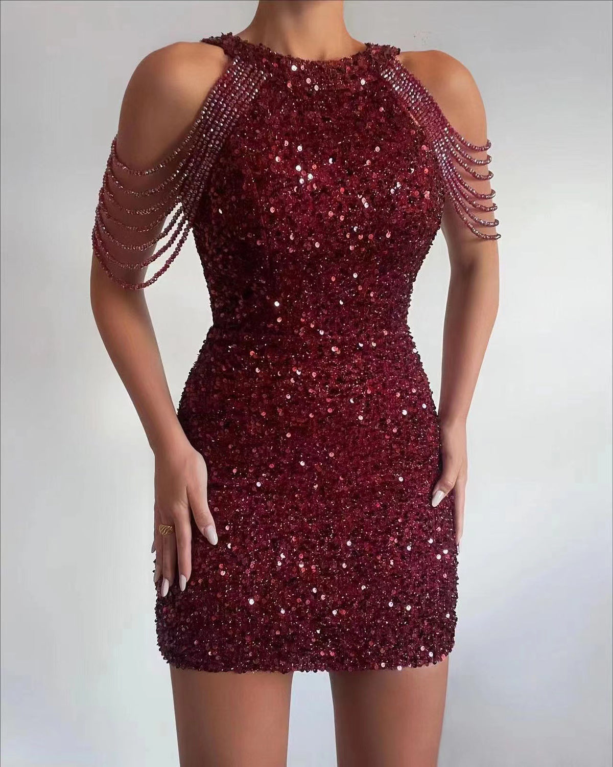 Fashion Hang-Neck Sexy Crystal Tassel Bodycon Sequin Midi Dress with Mid-Waist for Evening Wear