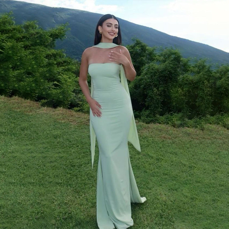 Elegant Fitted Strapless Ribbon-Trimmed Sheath Dress for Women Party Evening Gown