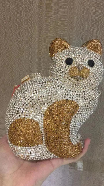 Cat Shape Women Crystal Clutches Bags Evening Purse White Rhinestone Gold Metal Clutch Party Mini Minaudiere Prom Chain Handbags