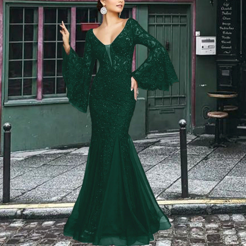 Elegant Sexy Fitted Mermaid Long Evening Dress for Women Black Lace Formal Gown