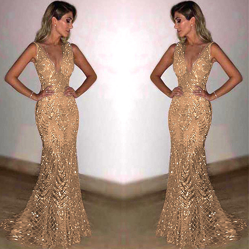 Elegant Long Sleeveless Deep V Sequin Evening Dress for Women, Sexy Formal Party Gown
