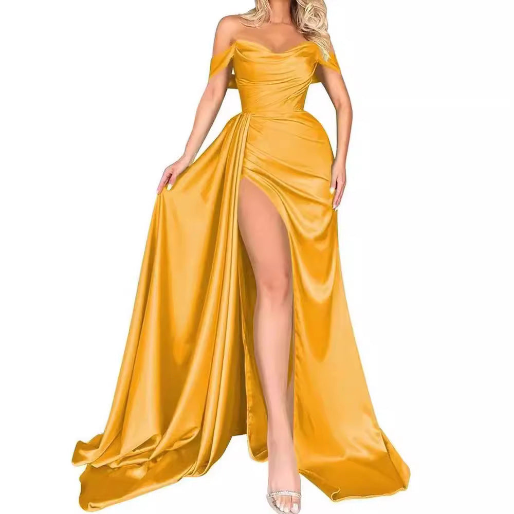 Elegant High-Slit One-Shoulder Evening Gown for Party and Hostess, Slim-Fitting Cocktail Dress