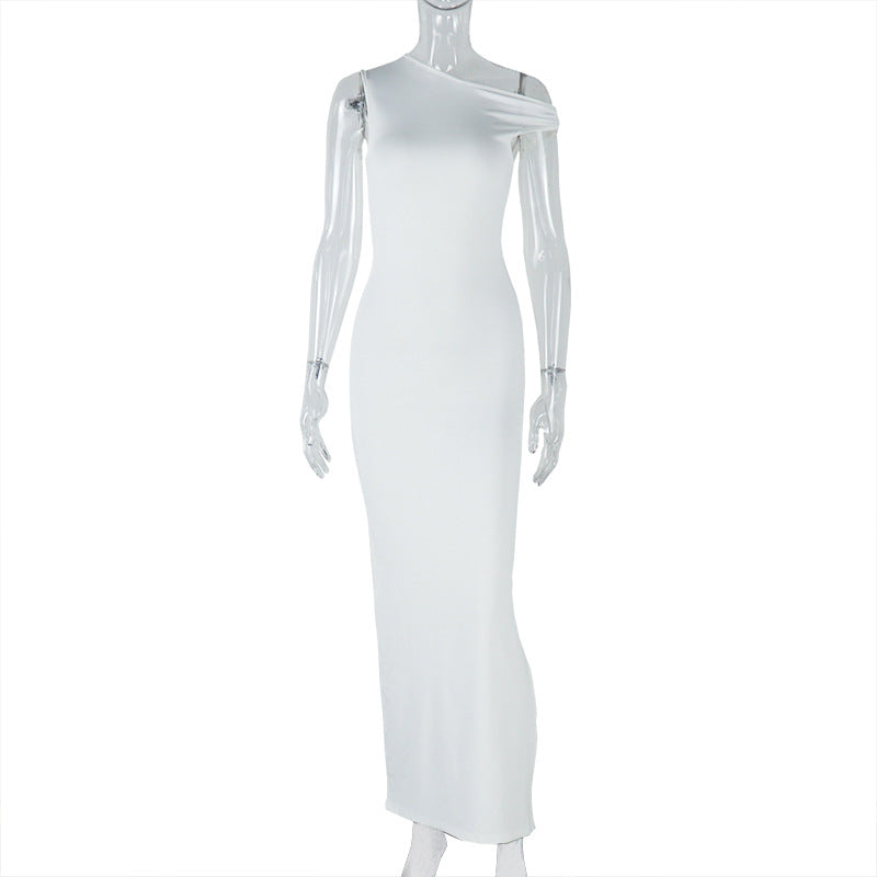 Solid Color Bodycon Irregular Hem Fitted Oblique Neck Sleeveless Long Dress Women's Evening Dress