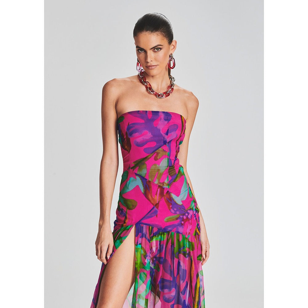 Strapless Floral Printed Long Dress Women Fashion Sleeveless Print Split Maxi Dress Elegant Beach Party Evening Dresses