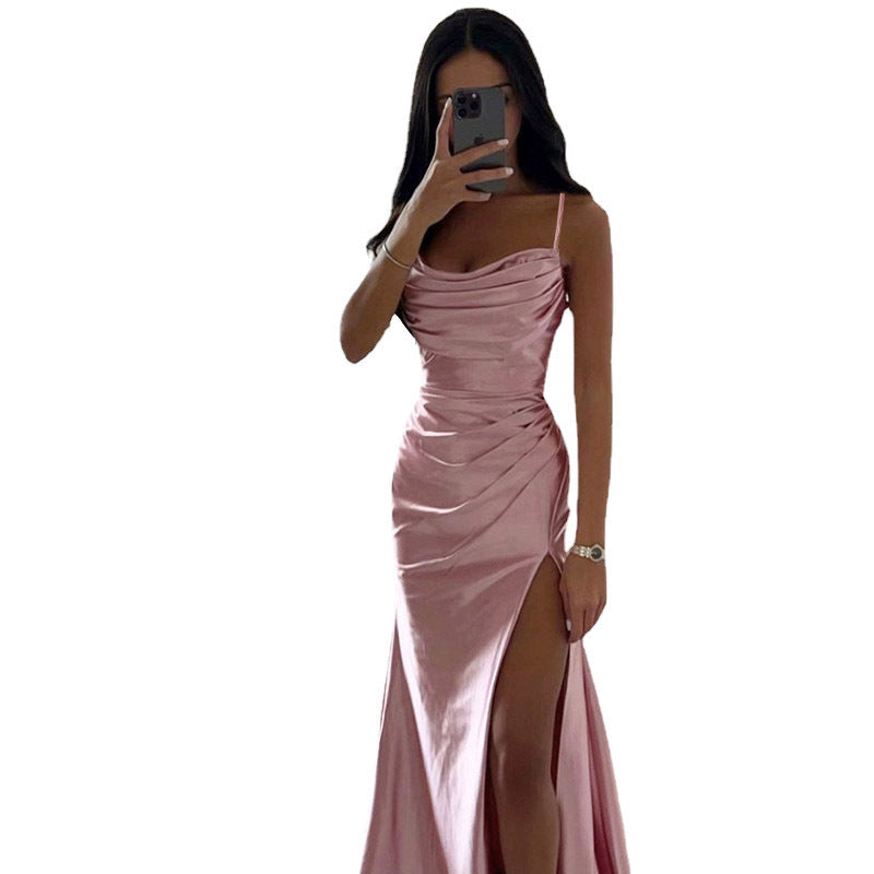 Elegant Strapless Pleated Slit Satin DressElegant Strapless Pleated Slit Satin Dress, Sexy Fitted Bodycon Gown with Open Back