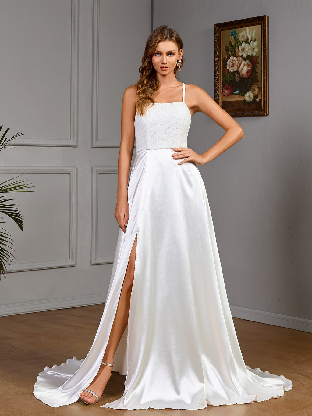 Sleeveless strapless white satin wedding evening dress