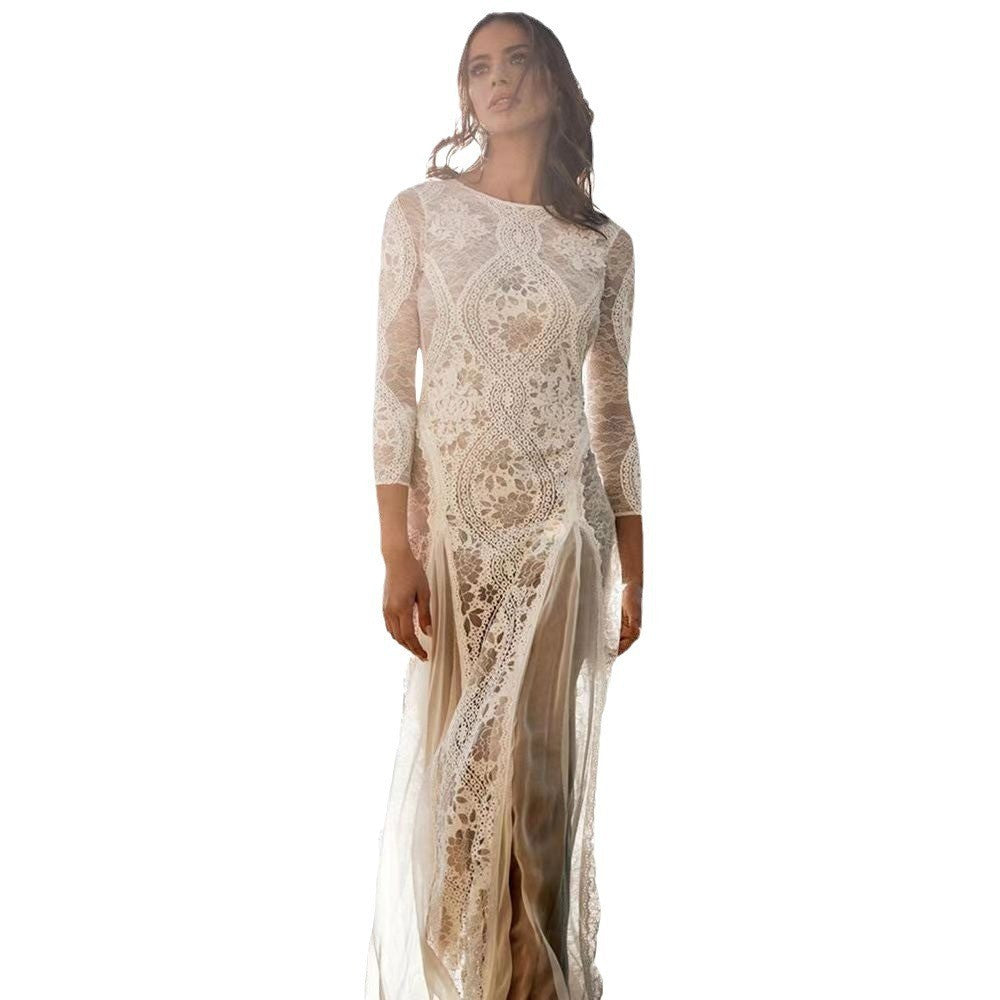 Elegant Women's Dress Round Neck Long Sleeve Hollow Back Lace Formal Evening Wedding Gown
