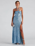 Evening Dress with Sequins and Halter Neckline - Slim Fit