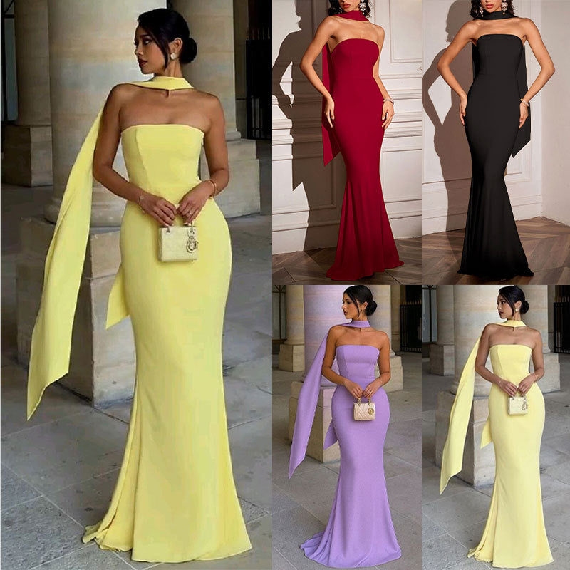 Elegant Fitted Strapless Ribbon-Trimmed Sheath Dress for Women Party Evening Gown