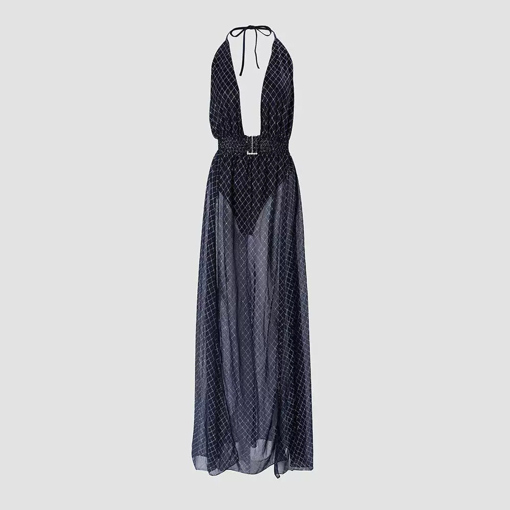 Fashion Print High Slit Strapless Semi-Transparent Evening Dress Gown