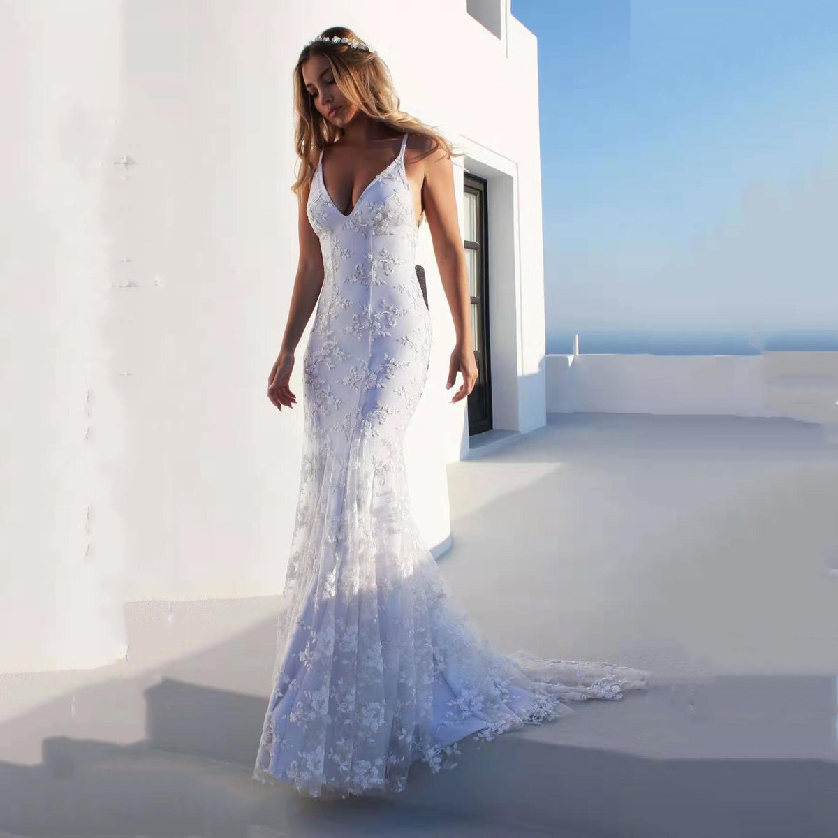 Elegant V-Neck White Strap Long Dress for Women, Sexy Evening Gown, Formal Occasion Dress