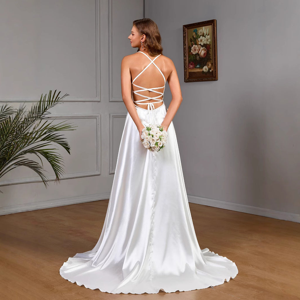 Sleeveless strapless white satin wedding evening dress