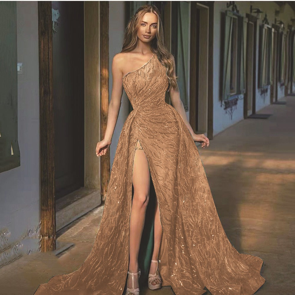 Spring and Summer New European and American Women's Wear Oblique Shoulder Split Long Dress, Toast Dress, Sequin Sling Evening Dress