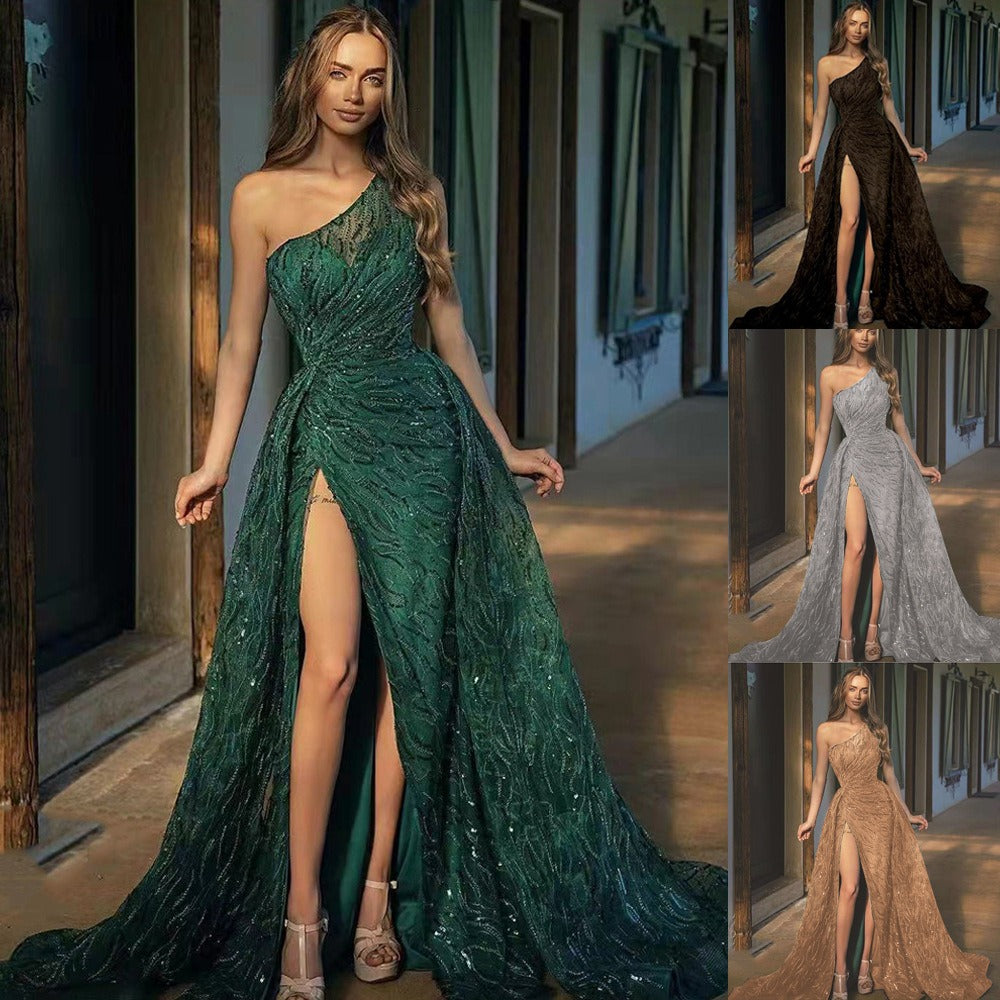 Spring and Summer New European and American Women's Wear Oblique Shoulder Split Long Dress, Toast Dress, Sequin Sling Evening Dress
