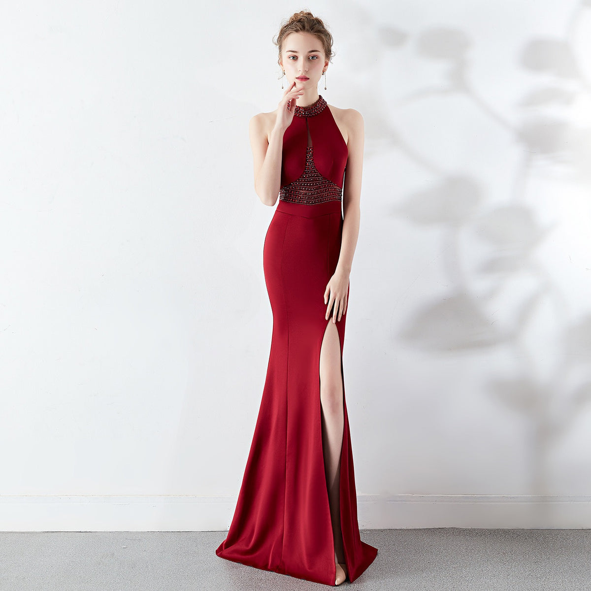 Autumn Fashionable Long Red Mermaid Halter Neck Wedding Banquet Evening Dress