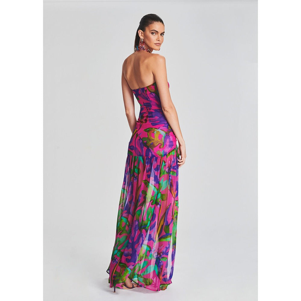 Strapless Floral Printed Long Dress Women Fashion Sleeveless Print Split Maxi Dress Elegant Beach Party Evening Dresses
