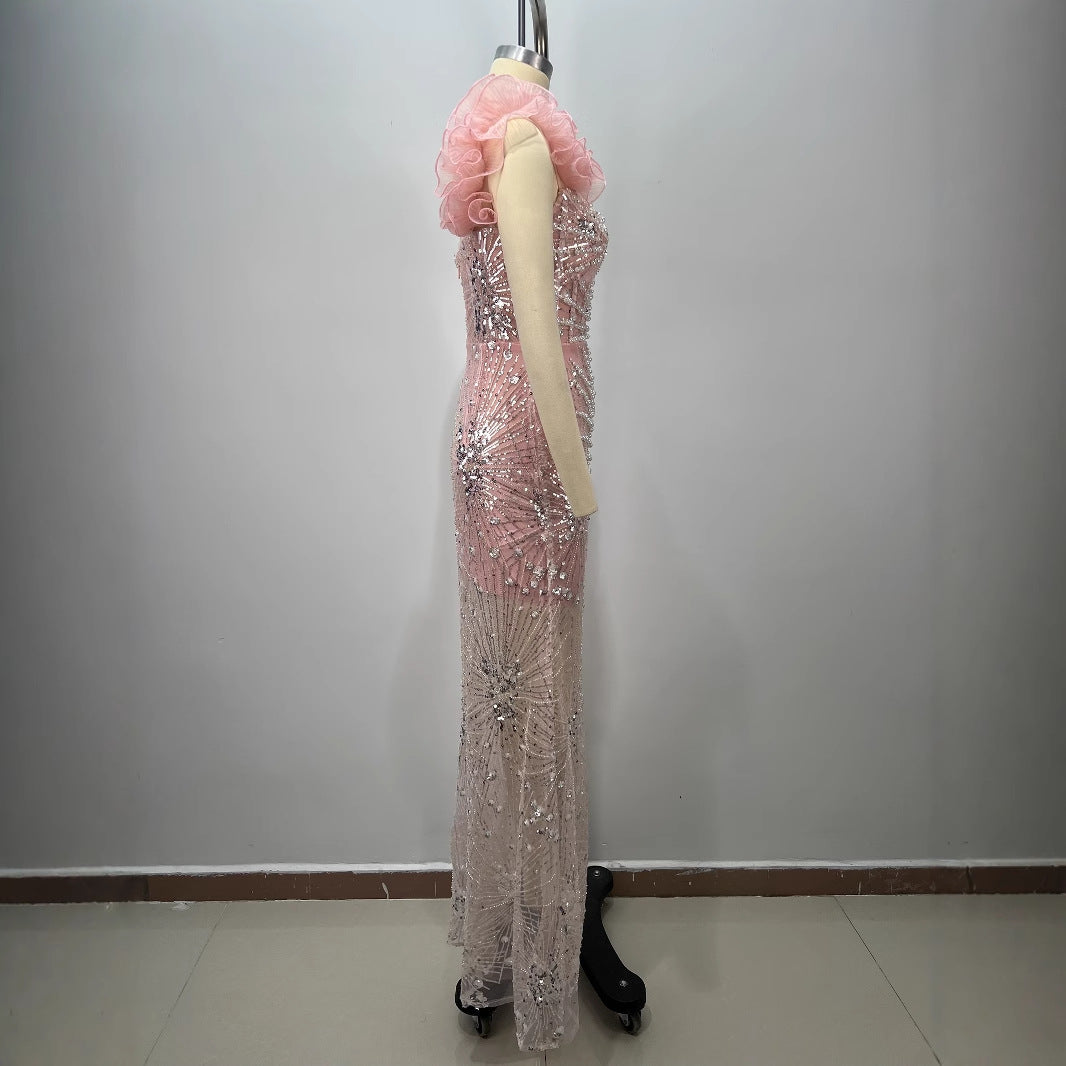 Fashionable Pink Strapless Sequined Pleated Hem Fitted Beaded Slit Long Maxi Dress for Evening
