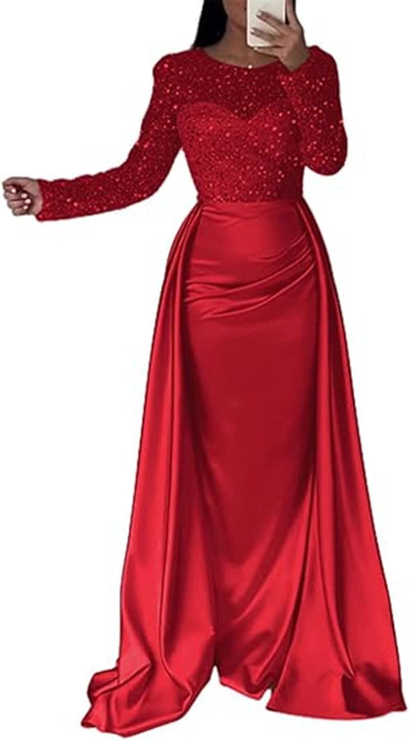 Elegant Long Sleeve Sequin Evening Gown for Women Formal Party Hostess Dress, Chic Lady Look