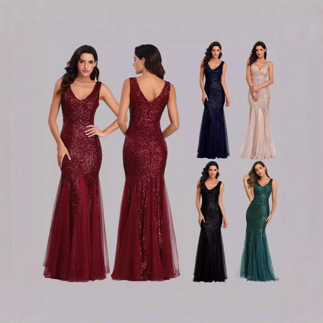 Sequined fish tail slimming banquet evening gown