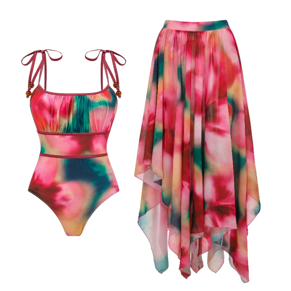 Fashion V-Neck Cross-Back Tie Dye One-Piece Swimwear Set for Women