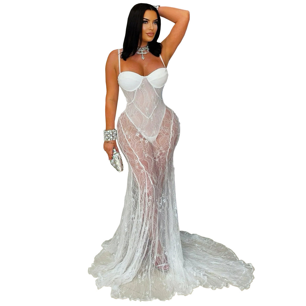 Fashion Women's Sexy Strap Lace Sheer Dress Gown