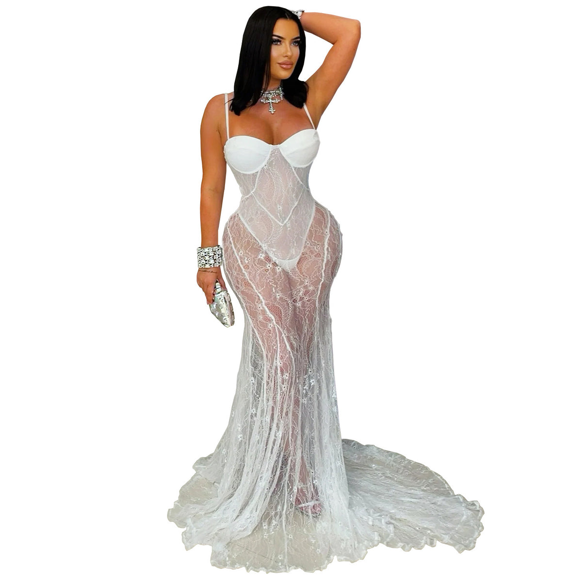 Fashion Women's Sexy Strap Lace Sheer Dress Gown