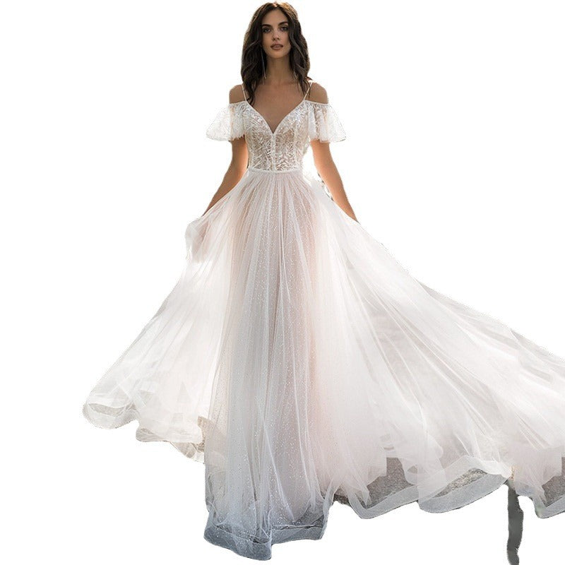 Elegant Wedding Dress with Lace Flowers One Shoulder, Double Strap, Floor Length, Slim Fit, Plus Size for Women