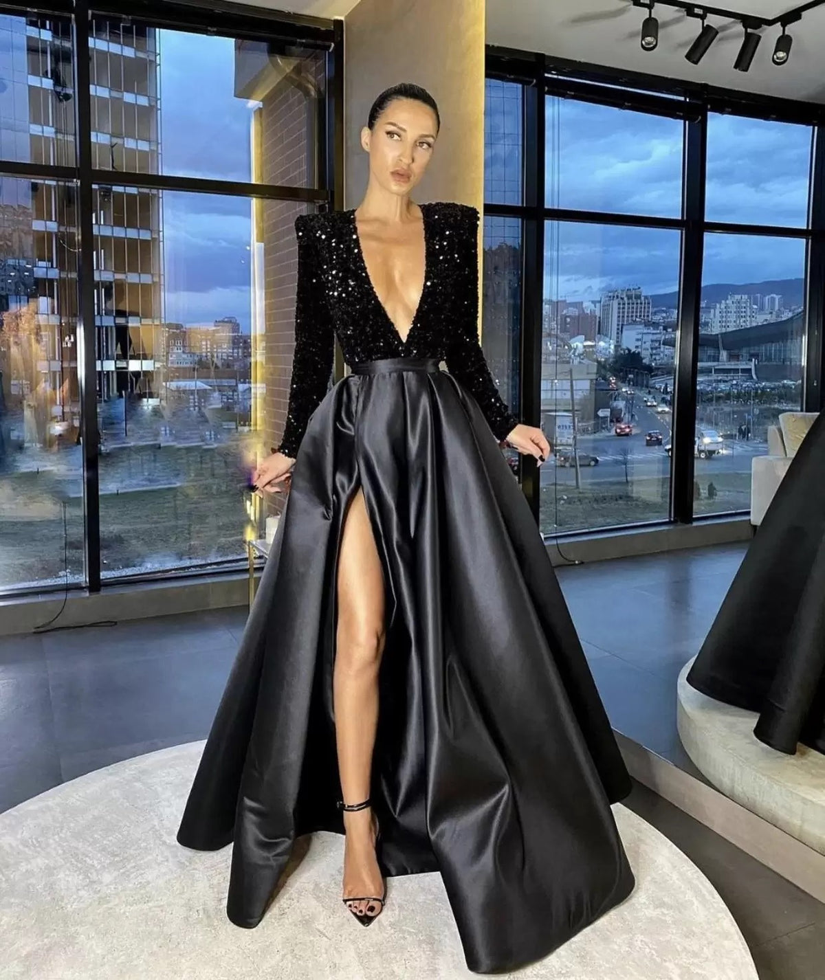 Sexy Long Sleeve Beaded V-Neck Flared Sequin Slit Maxi Dress Evening Gown