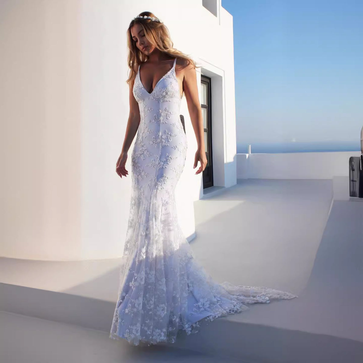 Elegant V-Neck White Strap Long Dress for Women, Sexy Evening Gown, Formal Occasion Dress
