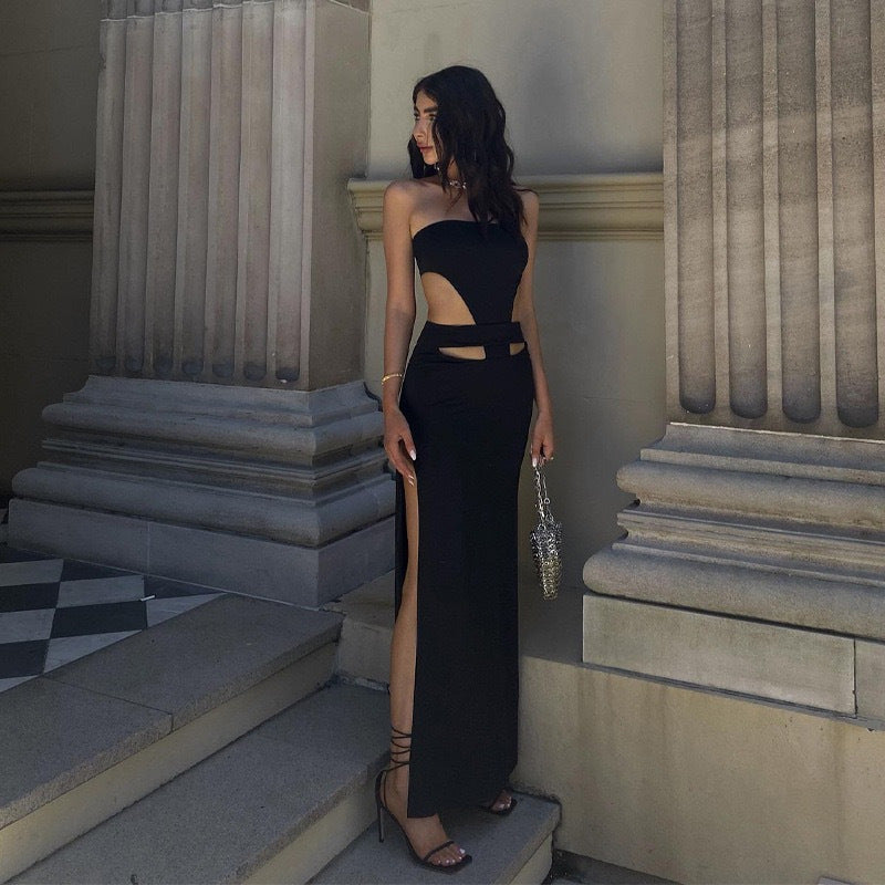 Strapless Split Long Dress  Design Sense Evening Gown Sexy Bodycon Dress