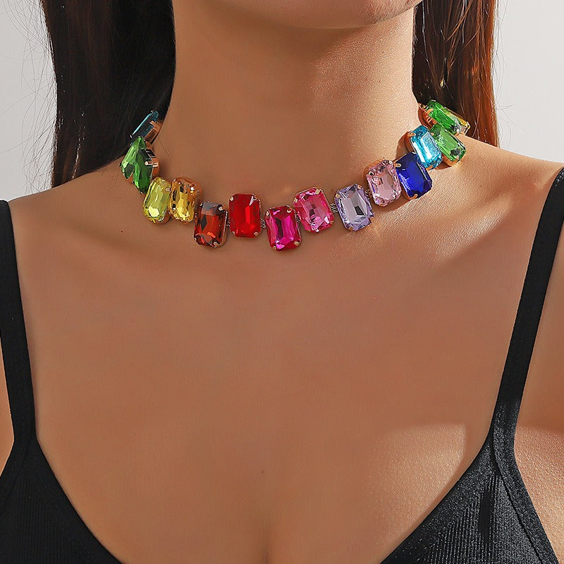 European and American style colorful pink full diamond crystal necklace necklace evening dress exaggerated clavicle chain