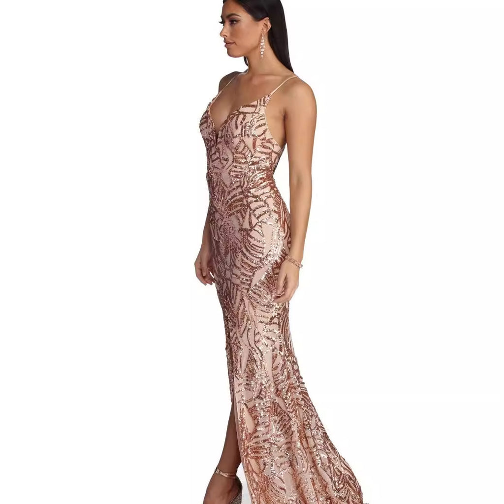 Geometric Sequined Strapless Evening Gown