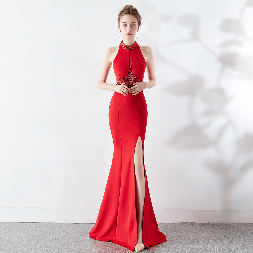 Autumn Fashionable Long Red Mermaid Halter Neck Wedding Banquet Evening Dress