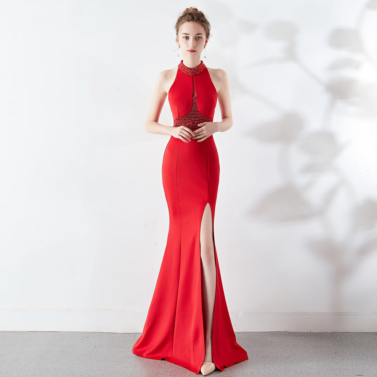 Autumn Fashionable Long Red Mermaid Halter Neck Wedding Banquet Evening Dress