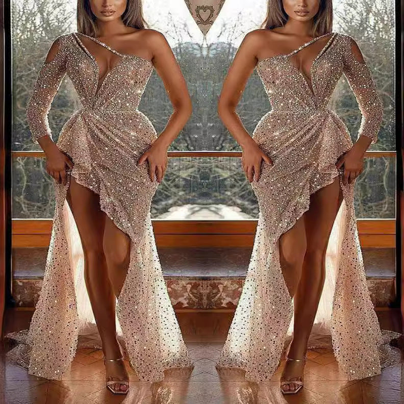 Dreamy Lady Gathering Party Elegant Sexy High-Slit Long Sleeve Sequin Evening Gown