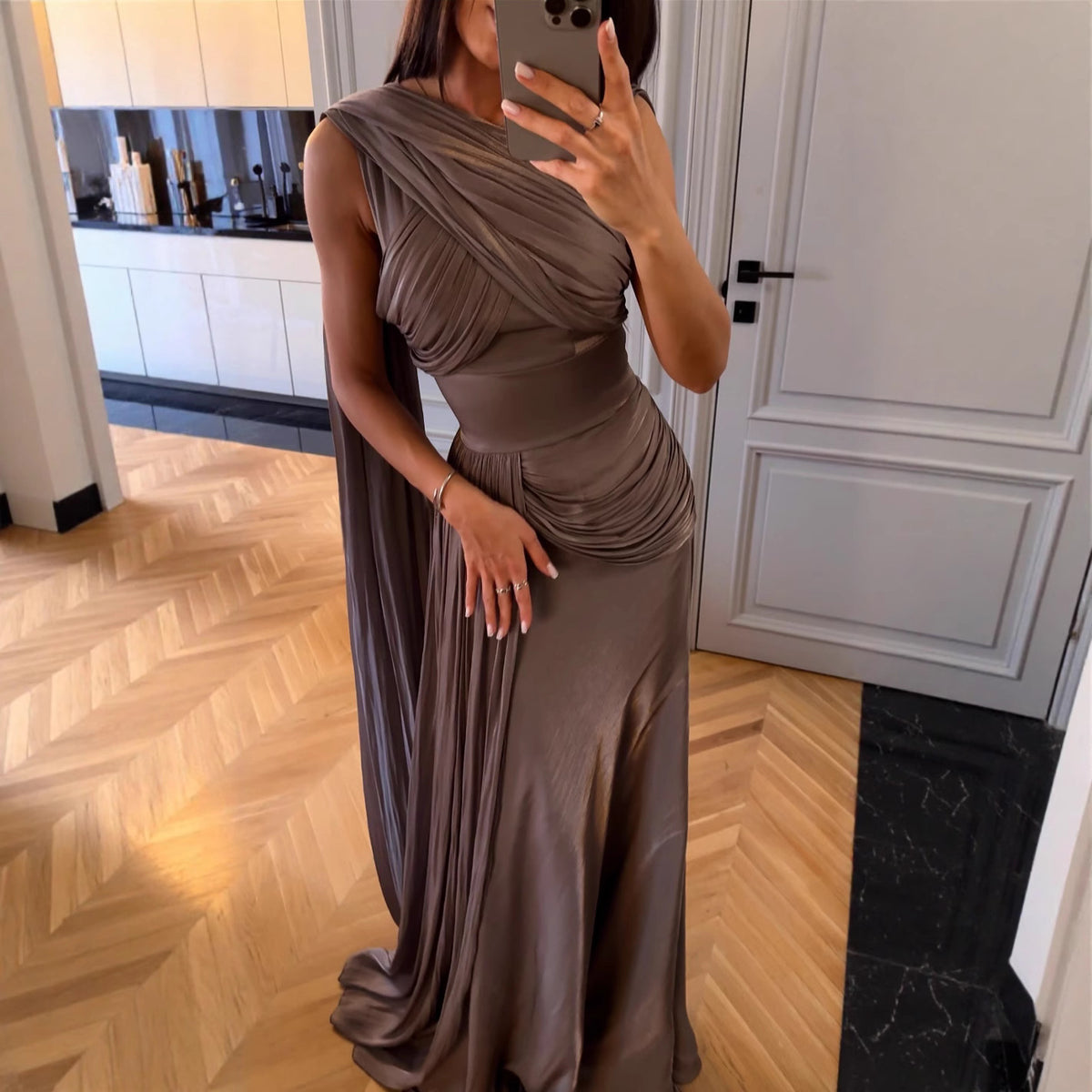Women's Pleated Ribbon Satin Evening Dress