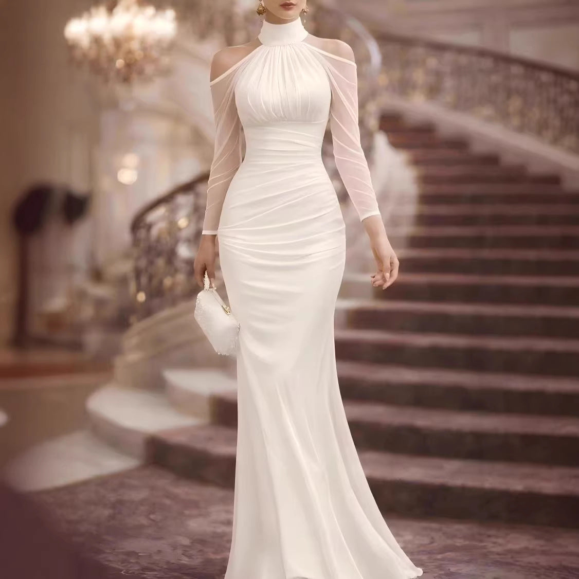 Sheer shoulder length long sleeved evening gown