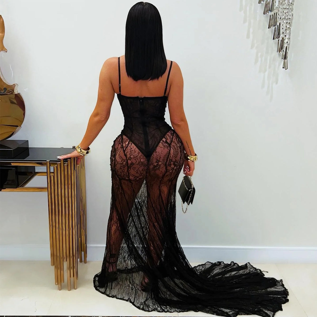 Fashion Women's Sexy Strap Lace Sheer Dress Gown