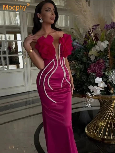 Flower chain strapless long evening dress