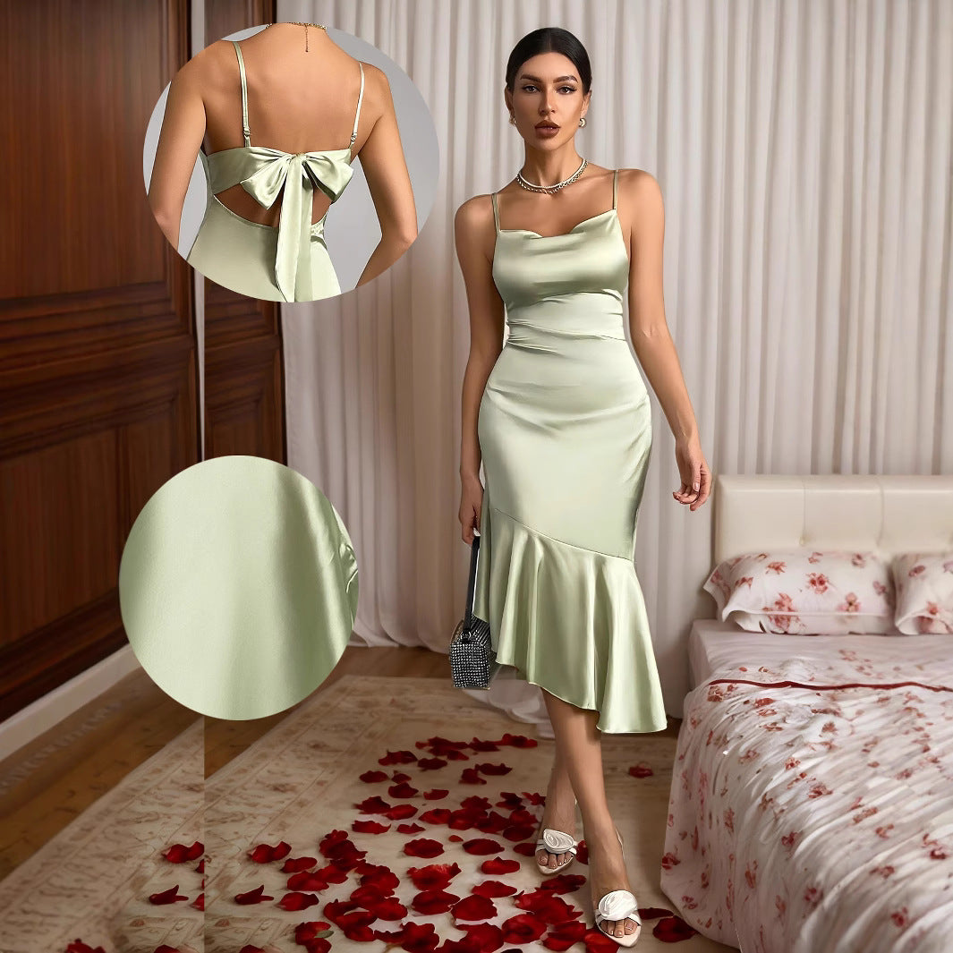 Elegant Ruffle Satin Dress for WomenBirthday Mermaid Gown, Luxe Minimalist Design