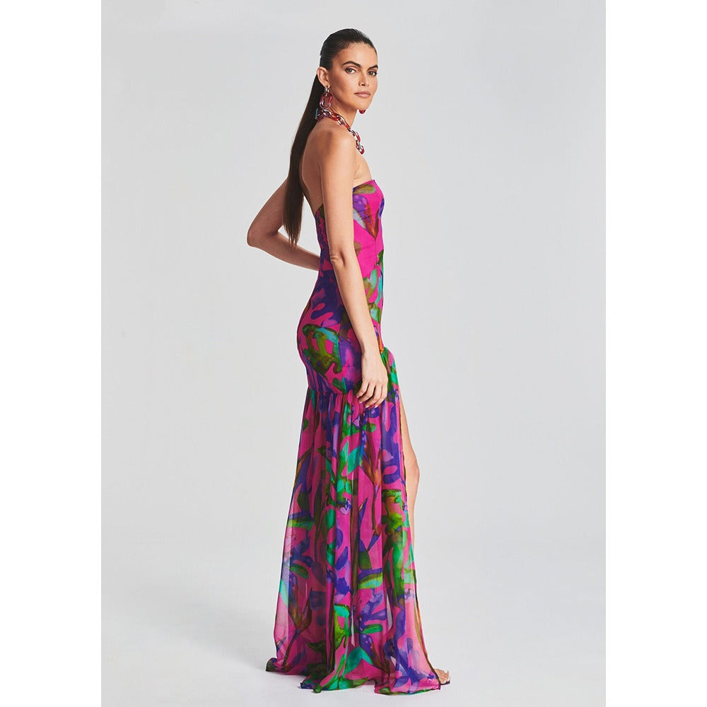 Strapless Floral Printed Long Dress Women Fashion Sleeveless Print Split Maxi Dress Elegant Beach Party Evening Dresses