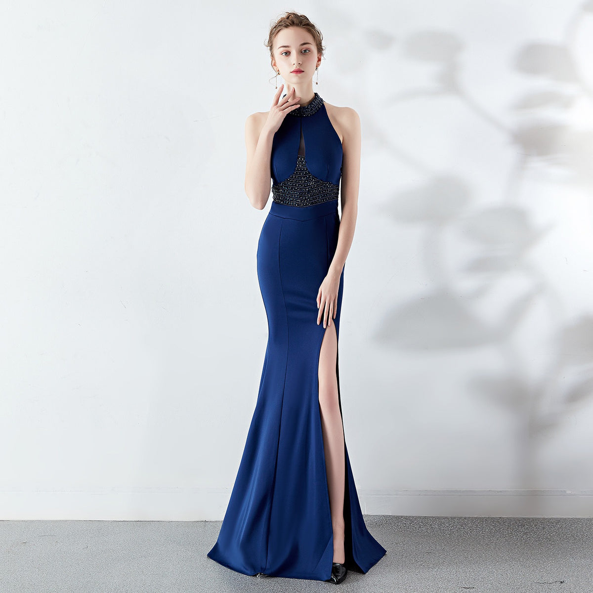 Autumn Fashionable Long Red Mermaid Halter Neck Wedding Banquet Evening Dress