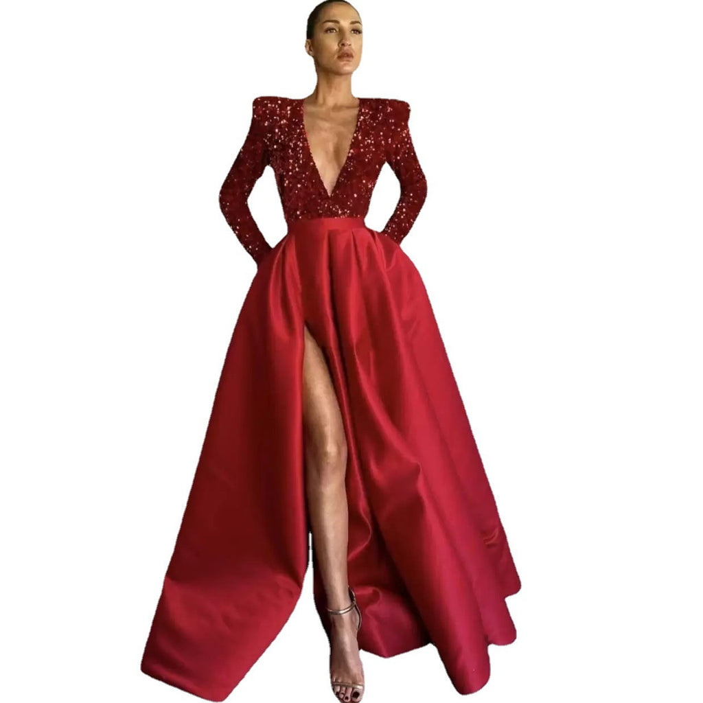 Sexy Long Sleeve Beaded V-Neck Flared Sequin Slit Maxi Dress Evening Gown