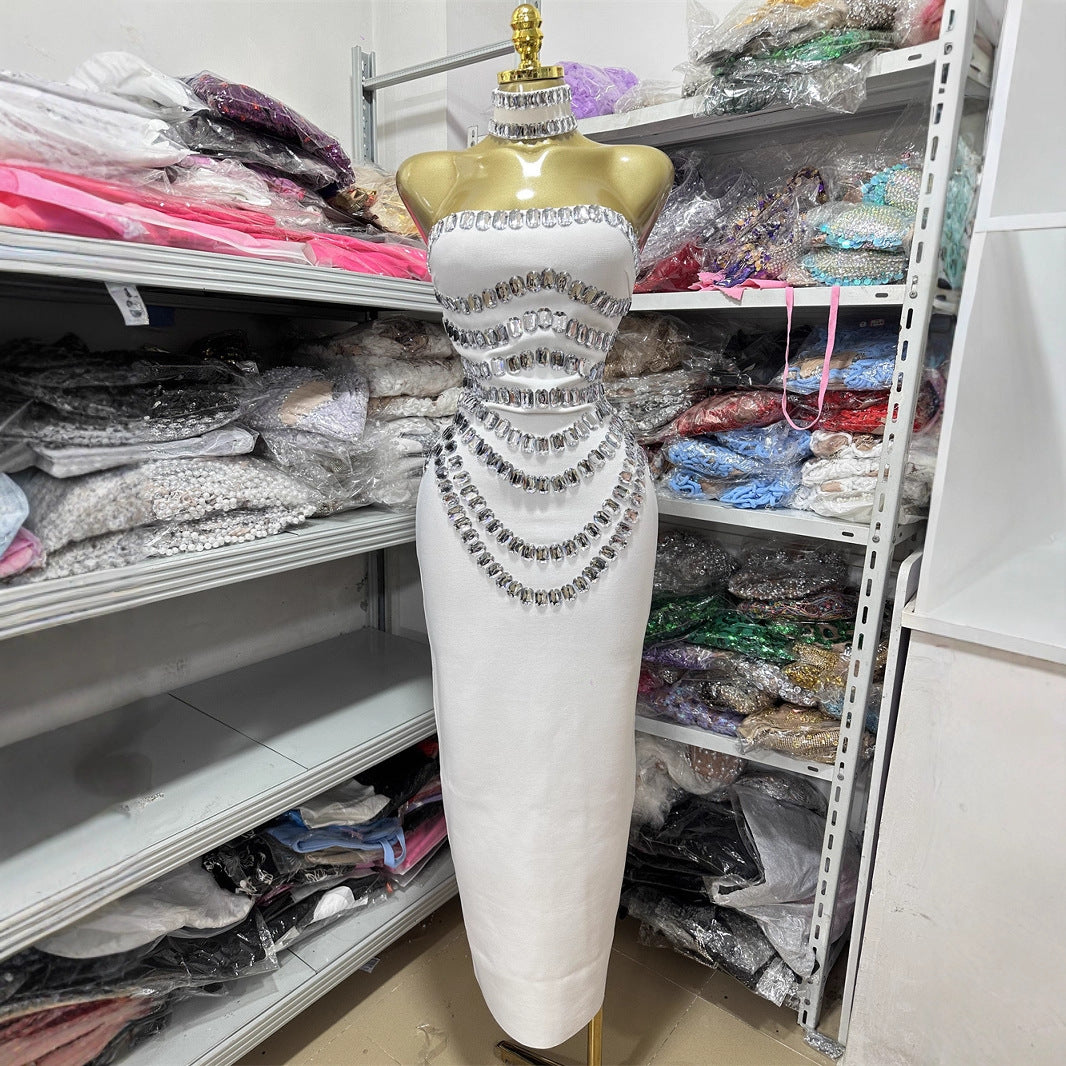 Heavy Embroidery Party Evening Bandage Dress Rhinestone Unique Halter Formal Wear Sexy Fitted Women's Dress