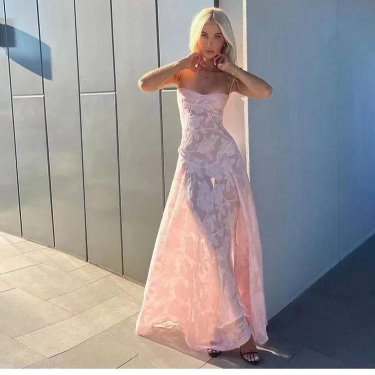 Style Summer Pink Lace Sheer Halter One-Shoulder Elegant Evening Dress Flower Dress