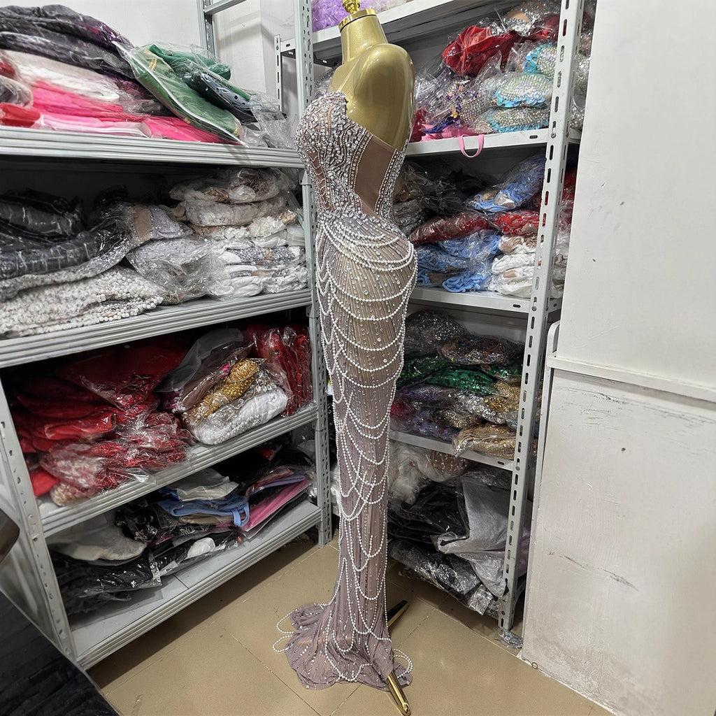 High-quality Fashion Backless V-neck Strapless Fitted Beaded Chain-embellished Long Bodycon Dress Evening Gown