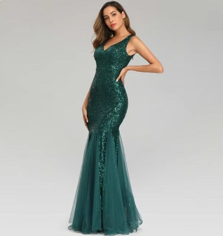 Sequined fish tail slimming banquet evening gown