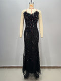 Shiny Sequin Evening Dress Long V-neck Waist-tightening Fitted Dress Mermaid Long Dress Women